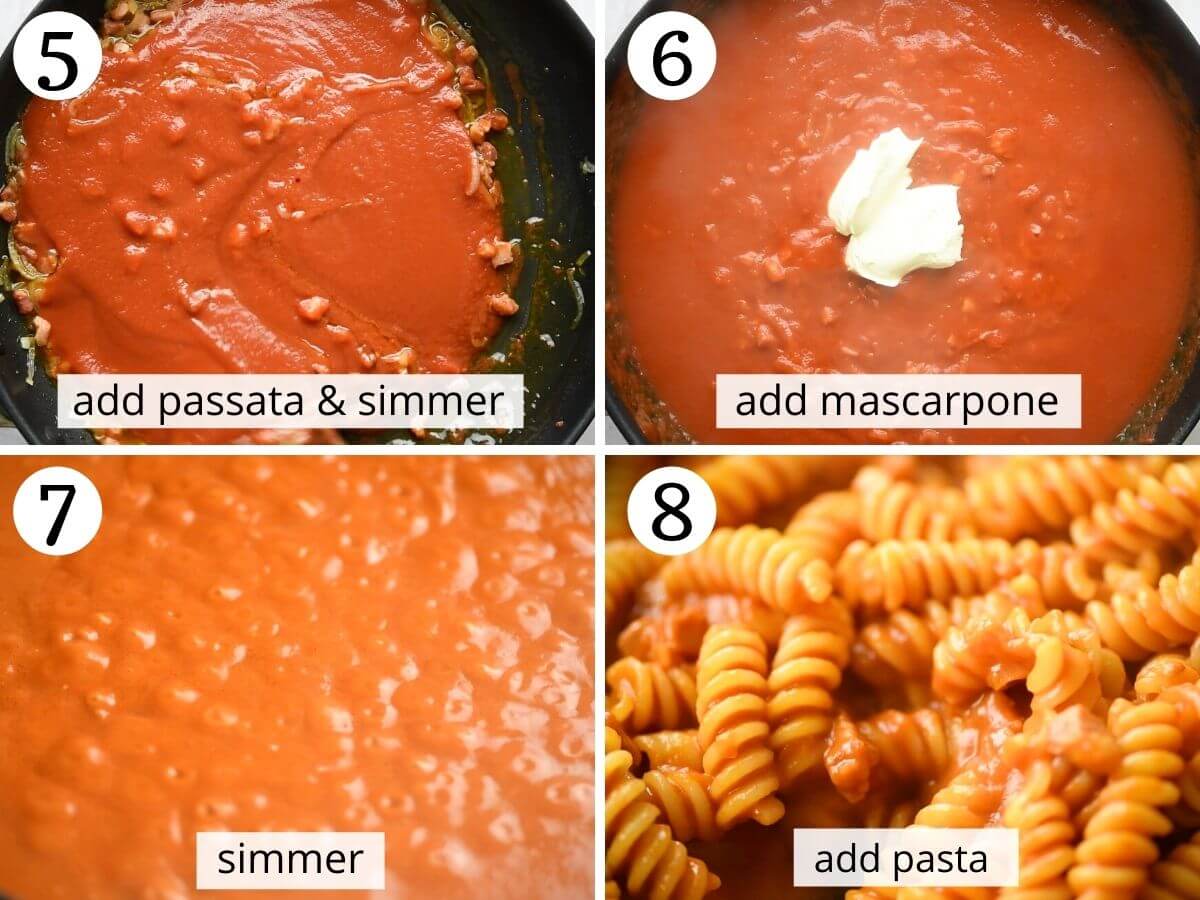 Step by step photos showing how to make a creamy tomato pasta