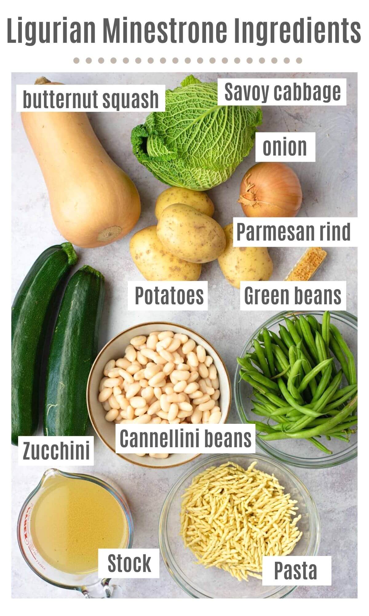 An overhead shot of all the ingredients you need to make Ligurian Minestrone