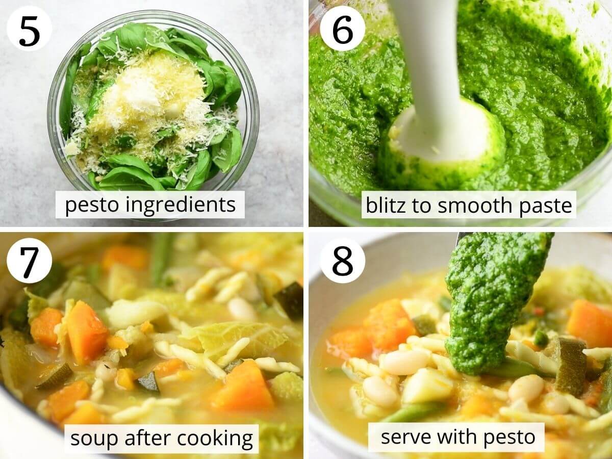 Step by step photos showing how to make pesto and serve minestrone soup