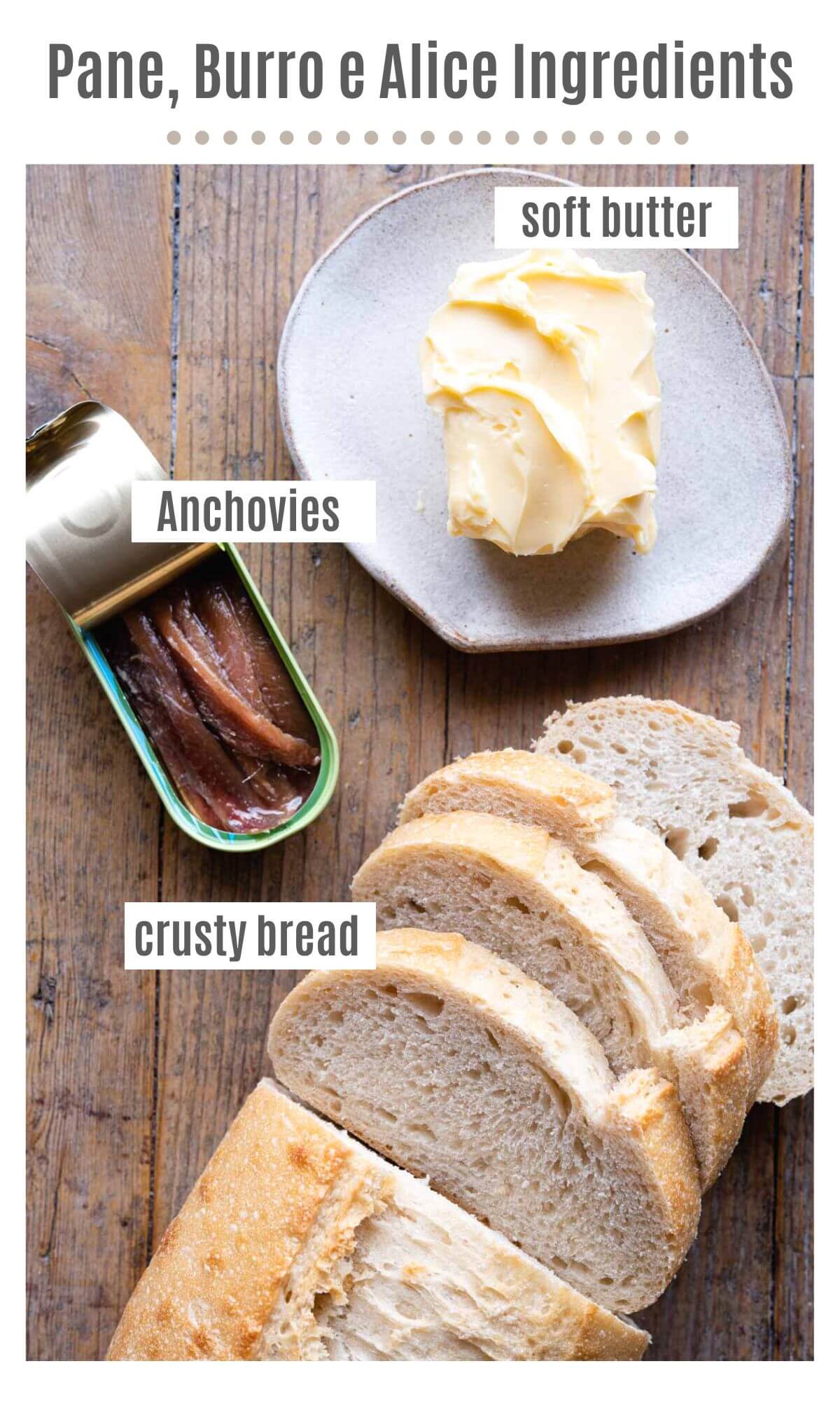An overhead shot of all the ingredients you need to make bread, butter and anchovies