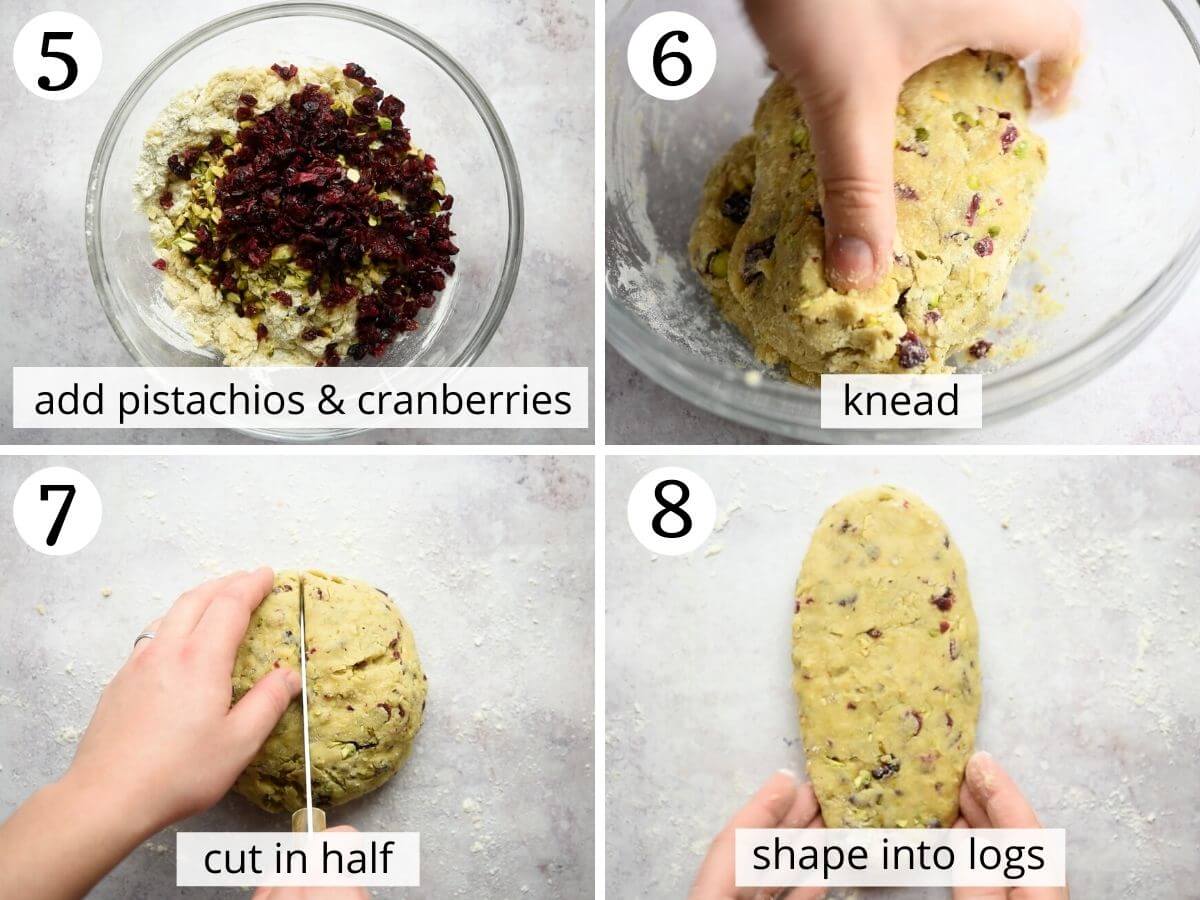 Step by step photos showing how to make pistachio biscotti dough
