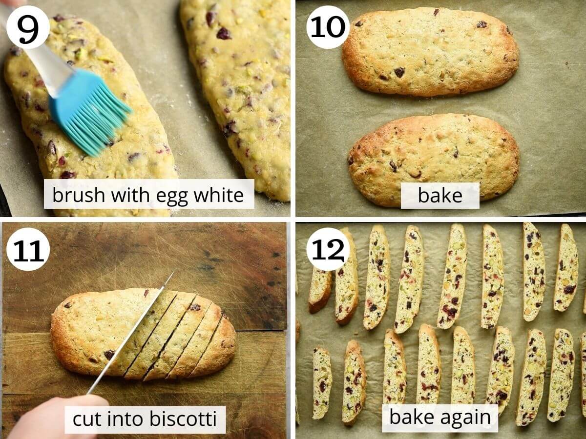 Step by step photos showing how to twice bake biscotti