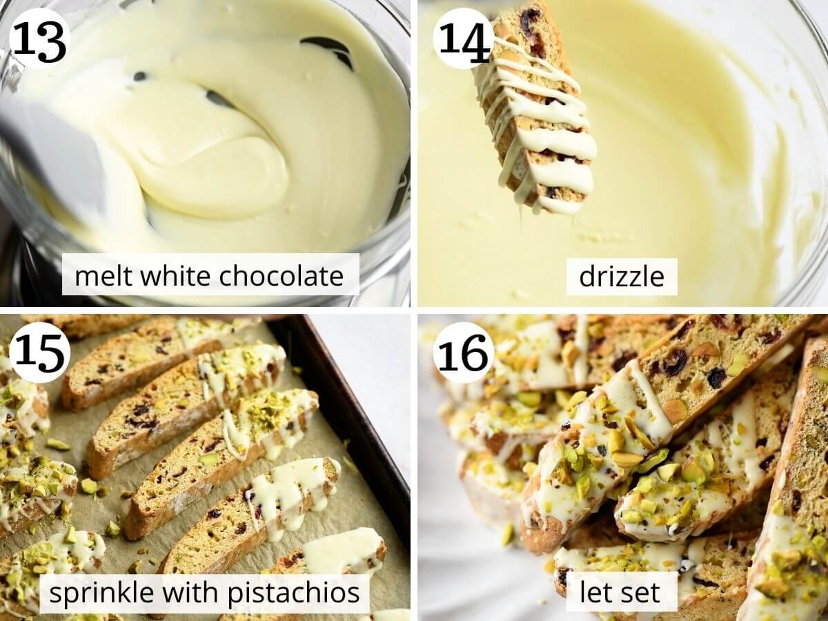 Step by step photos showing how to dip biscotti in white chocolate and pistachios