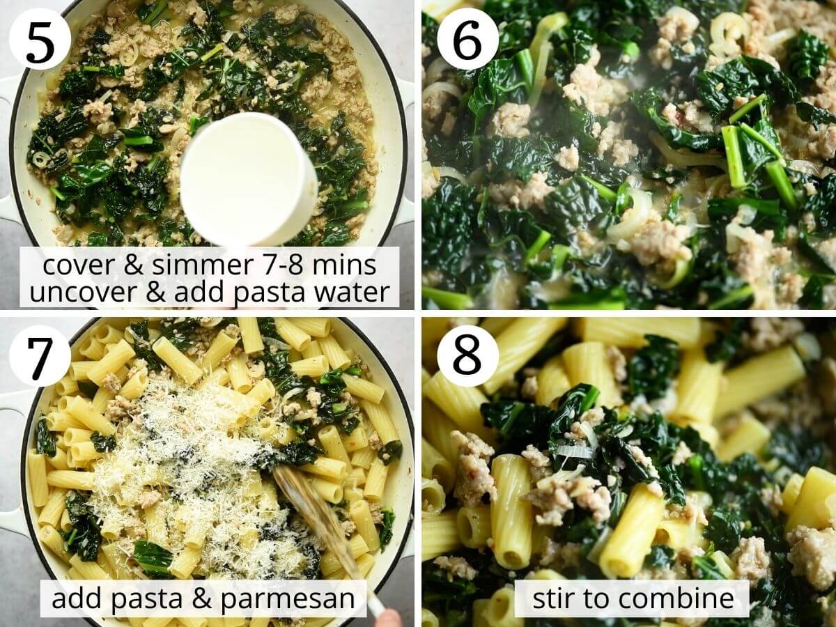 Step by step photos showing how to cook kale to make a pasta sauce