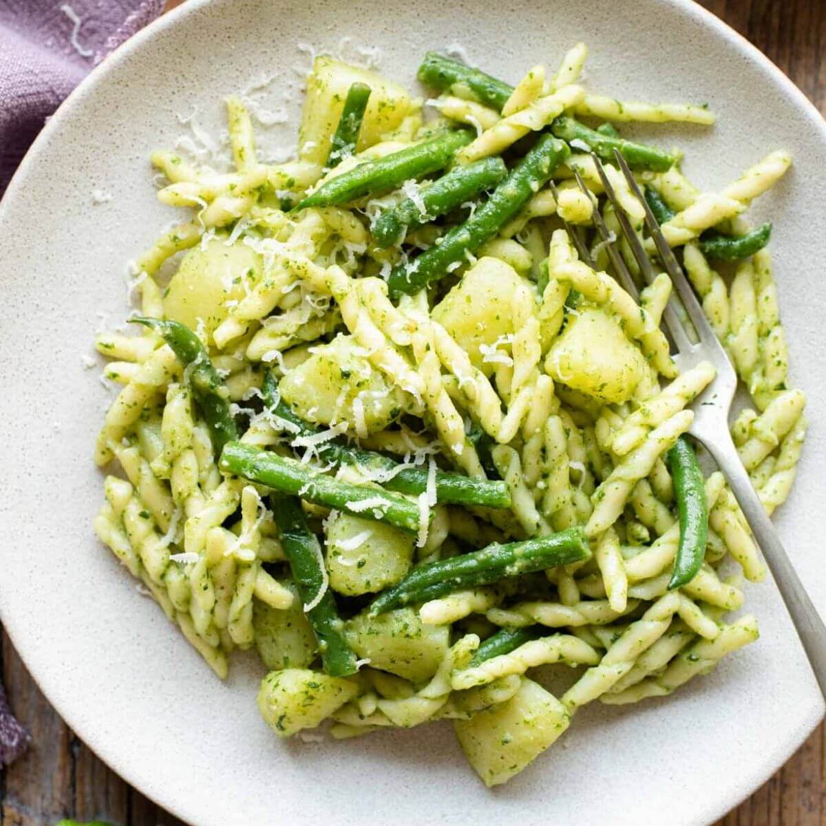 Trofie al Pesto Genovese with Potatoes and Green Beans Inside The