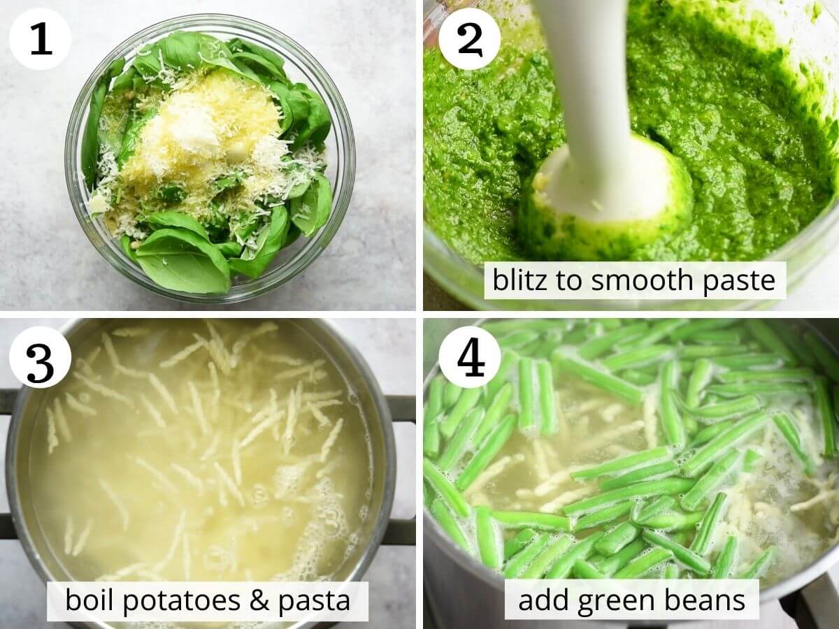 Step by step photos showing how to make pesto and boil pasta, potatoes and green beans
