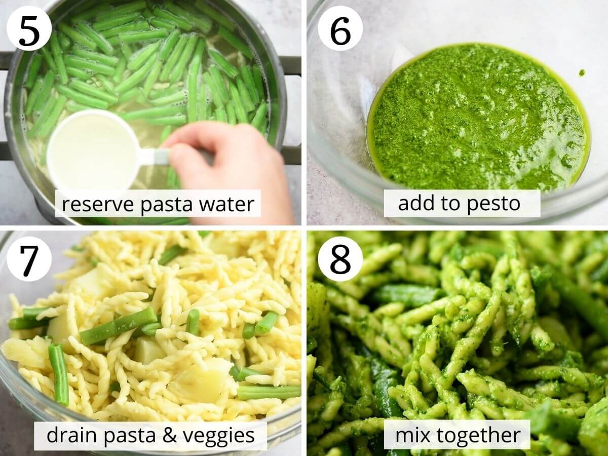 Step by step photos showing how to make pesto pasta with potatoes and green beans