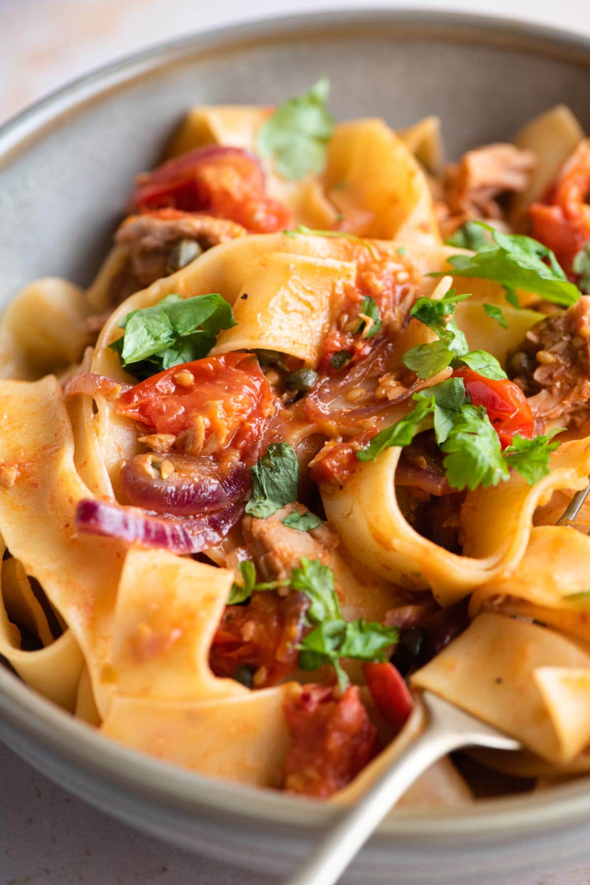A close up of pappardelle pasta with tuna, tomatoes, onion and capers