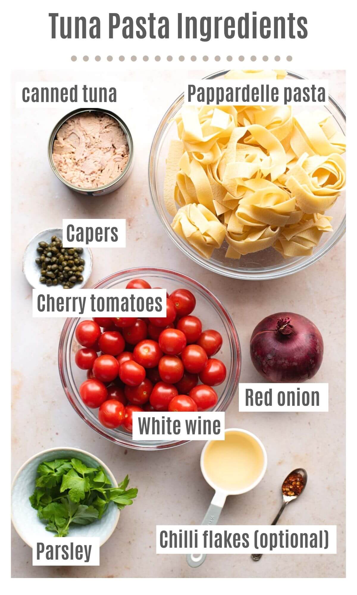 An overhead shot of all the ingredients you need to make tuna pasta