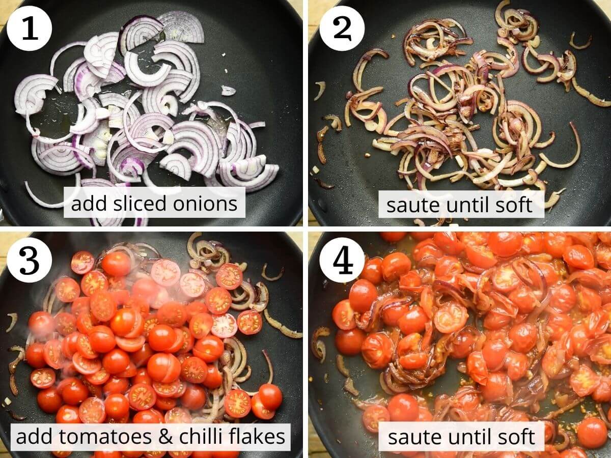 Step by step photos showing how to saute onions and tomatoes