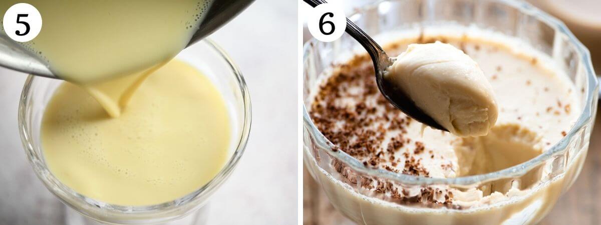Two photos showing before and after a panna cotta has set