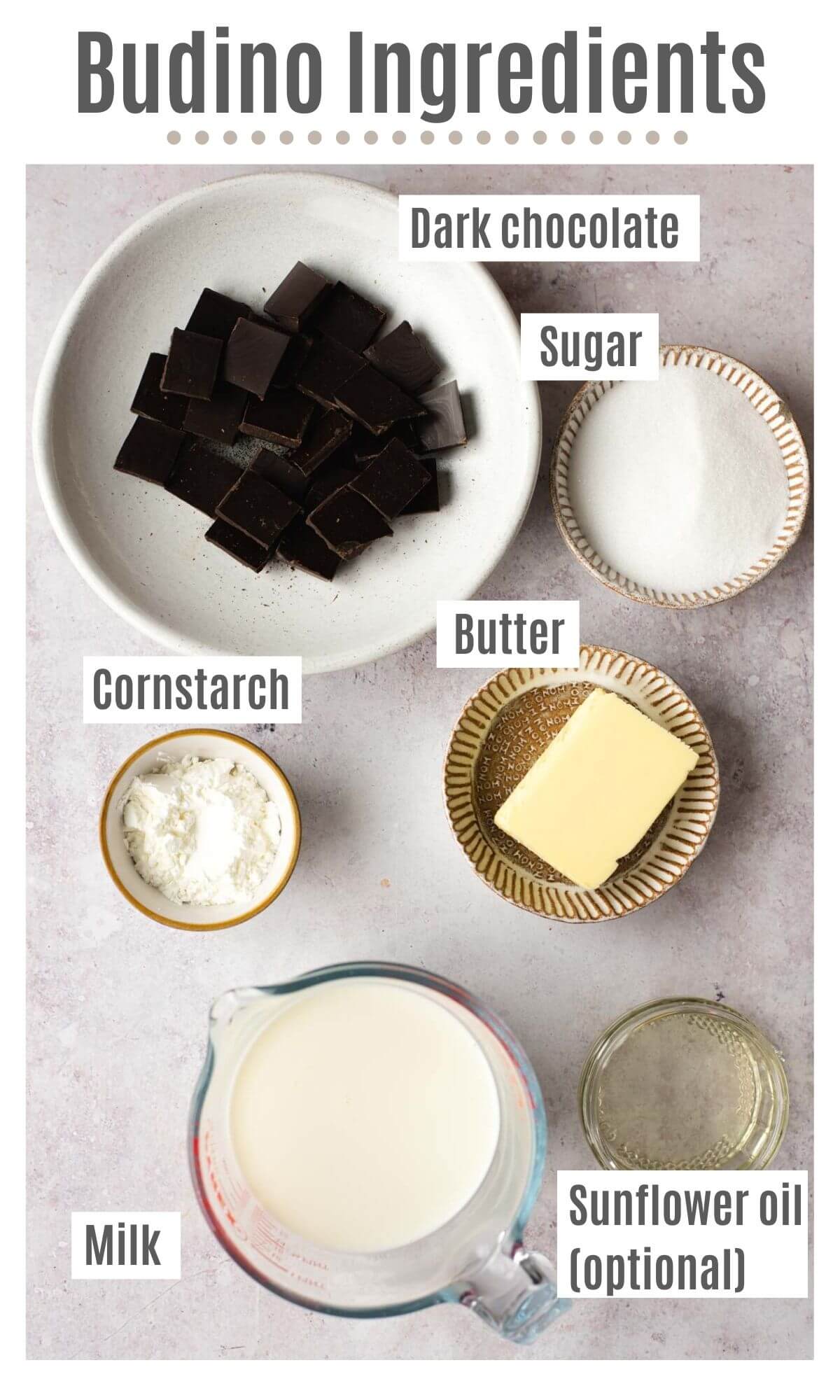 An overhead shot of all the ingredients you need to make chocolate budino
