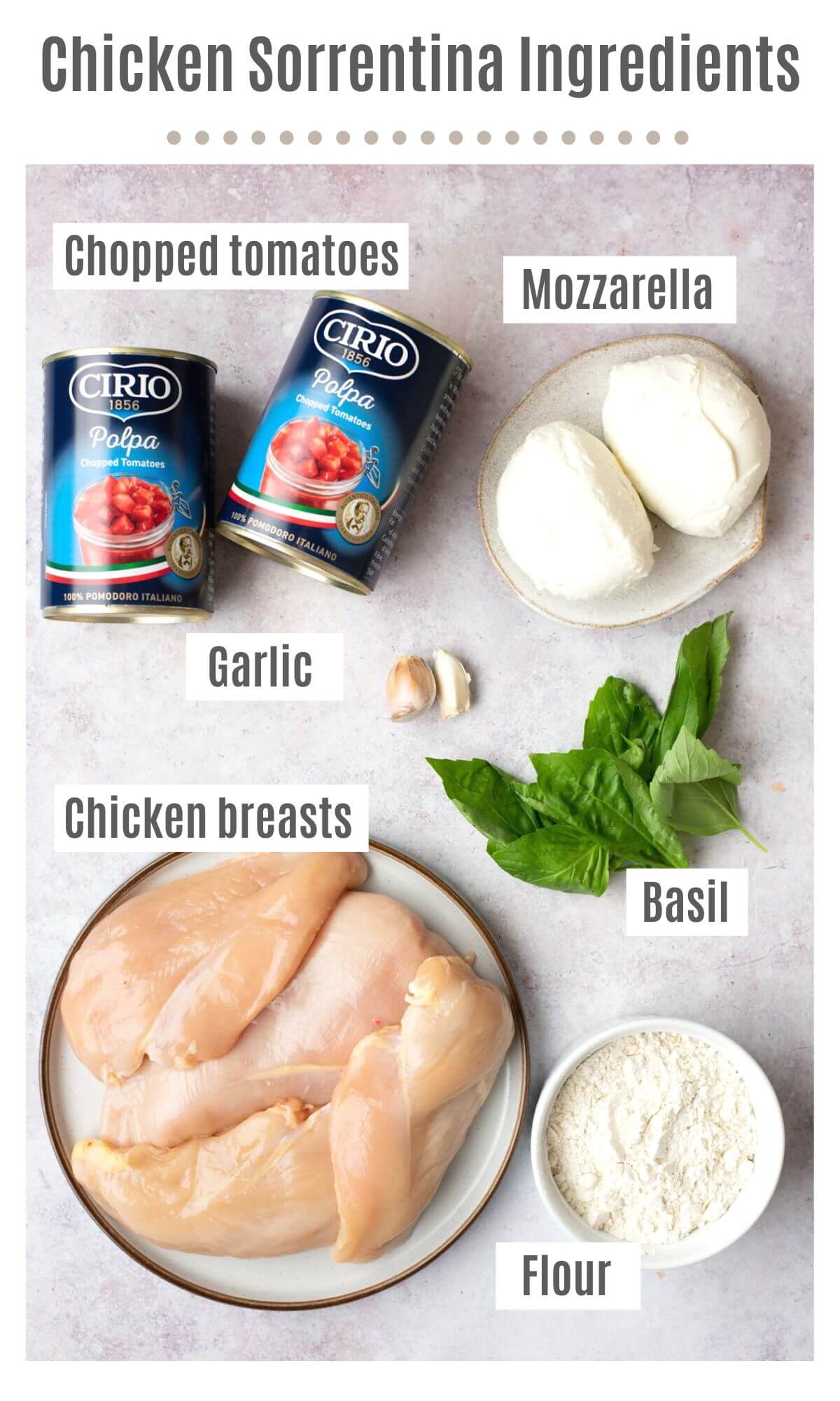 An overhead shot of all the ingredients you need to make chicken sorrentina