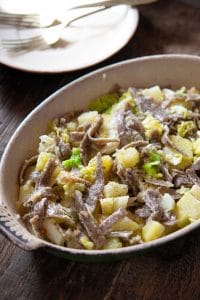 PIzzoccheri pasta in a baking dish with potatoes, cabbage and fontina cheese