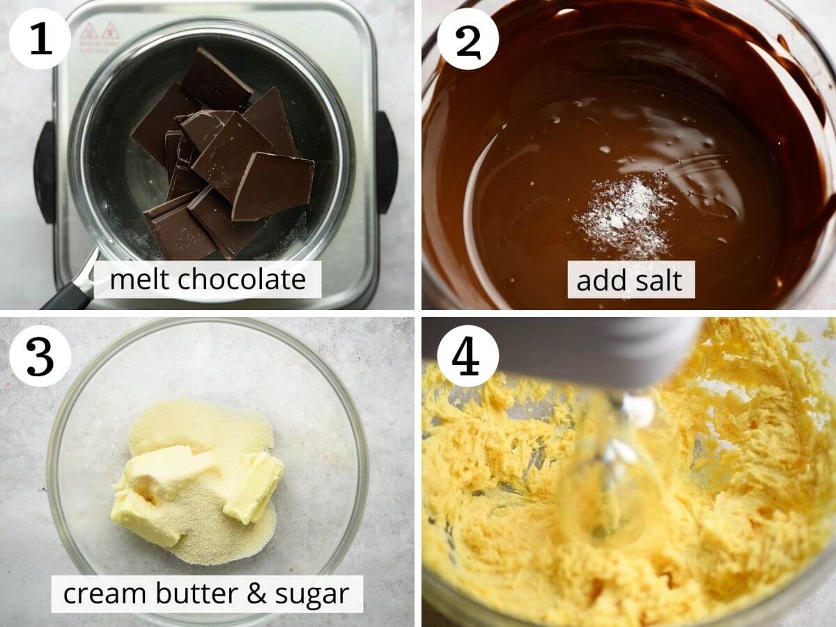 Step by step photos showing how to melt chocolate and cream butter and sugar