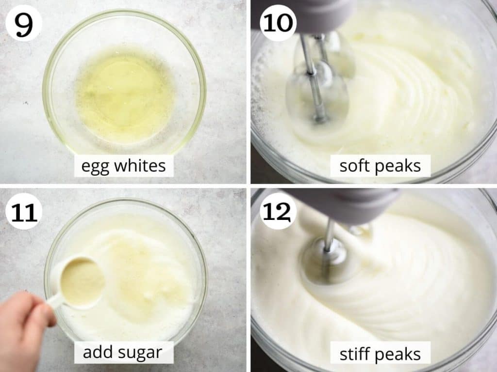 Step by step photos showing how to whisk egg whites to stiff peaks
