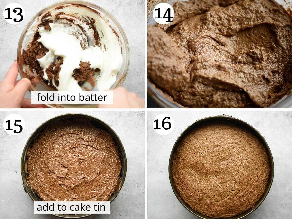 Step by step photos showing how to fold egg whites into cake batter and bake torta caprese