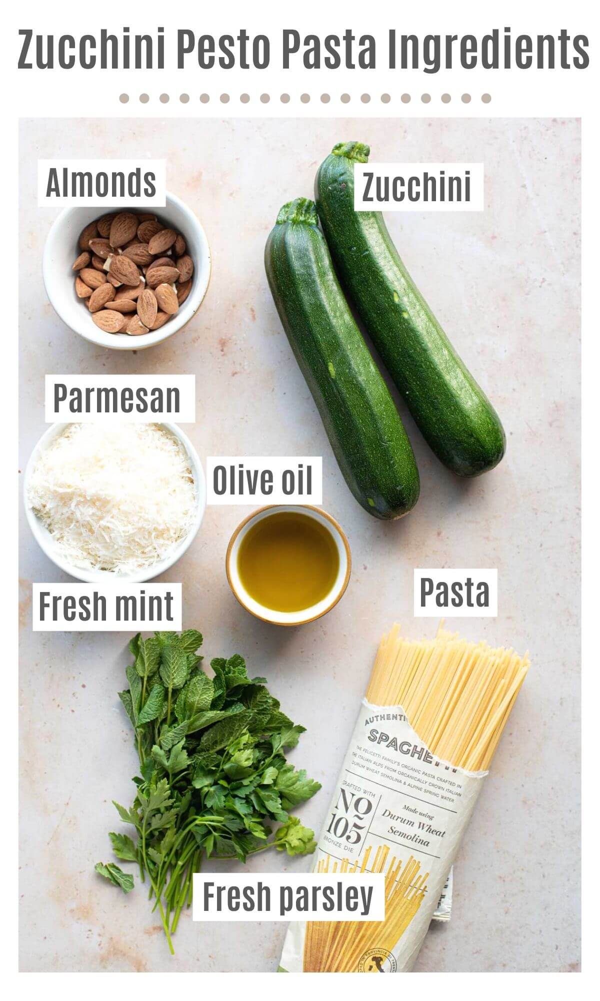 An overhead shot of all the ingredients you need to make zucchini pesto pasta