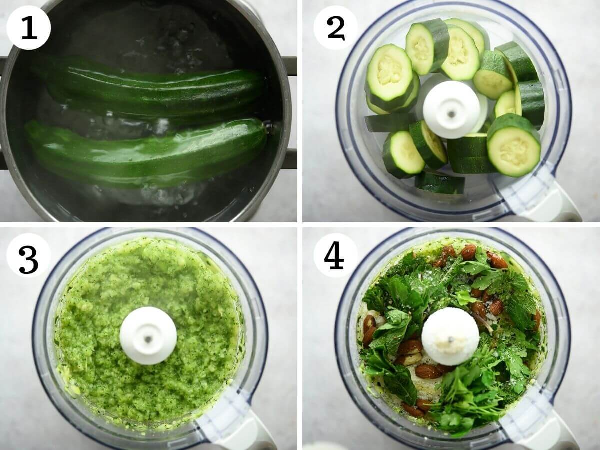 Step by step photos showing how to prepare zucchini pesto