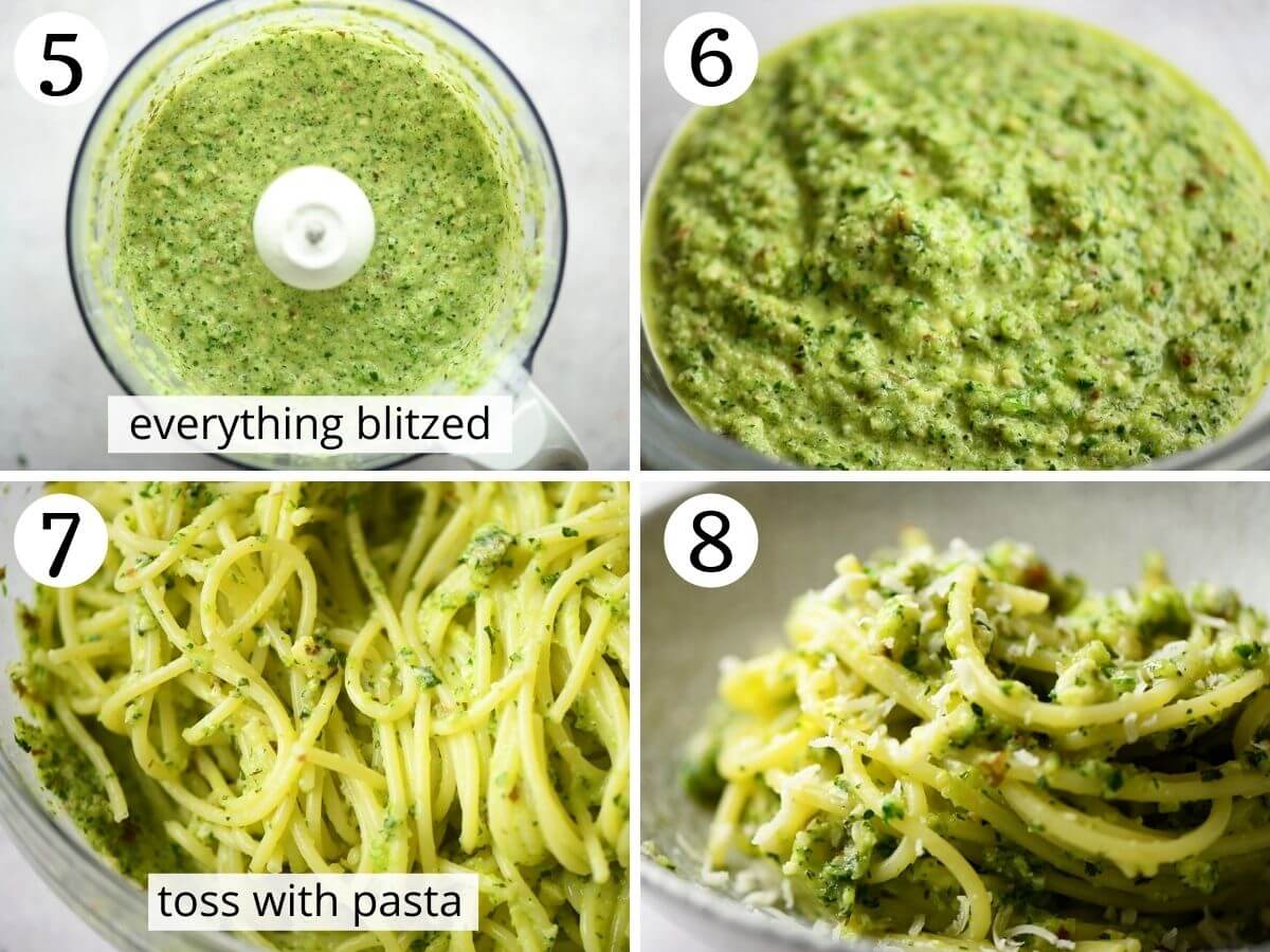 Step by step photos showing how to make zucchini pesto pasta