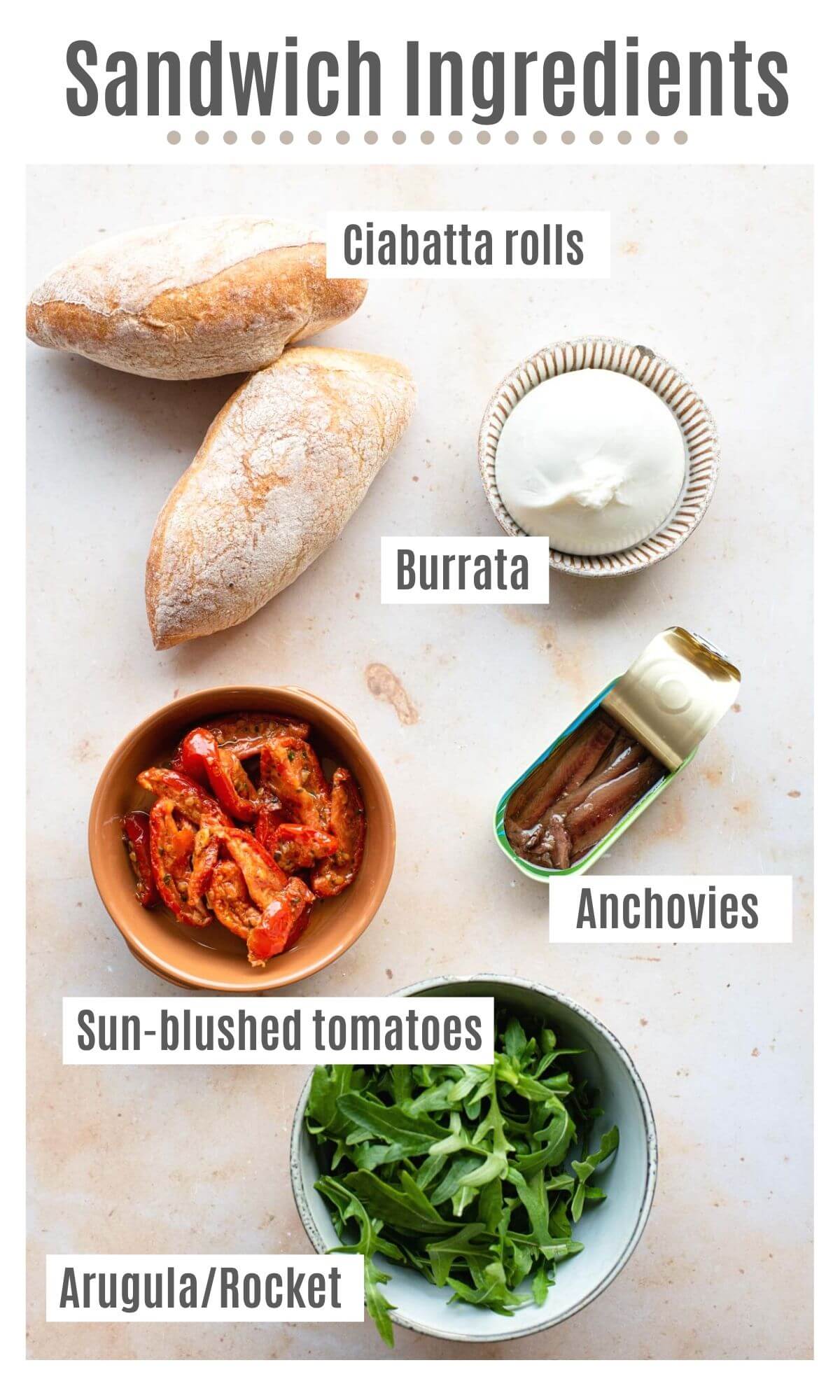 An overhead shot of labelled ingredients that read; ciabatta rolls, burrata, sun-blushed tomatoes, anchovies and arugula/rocket