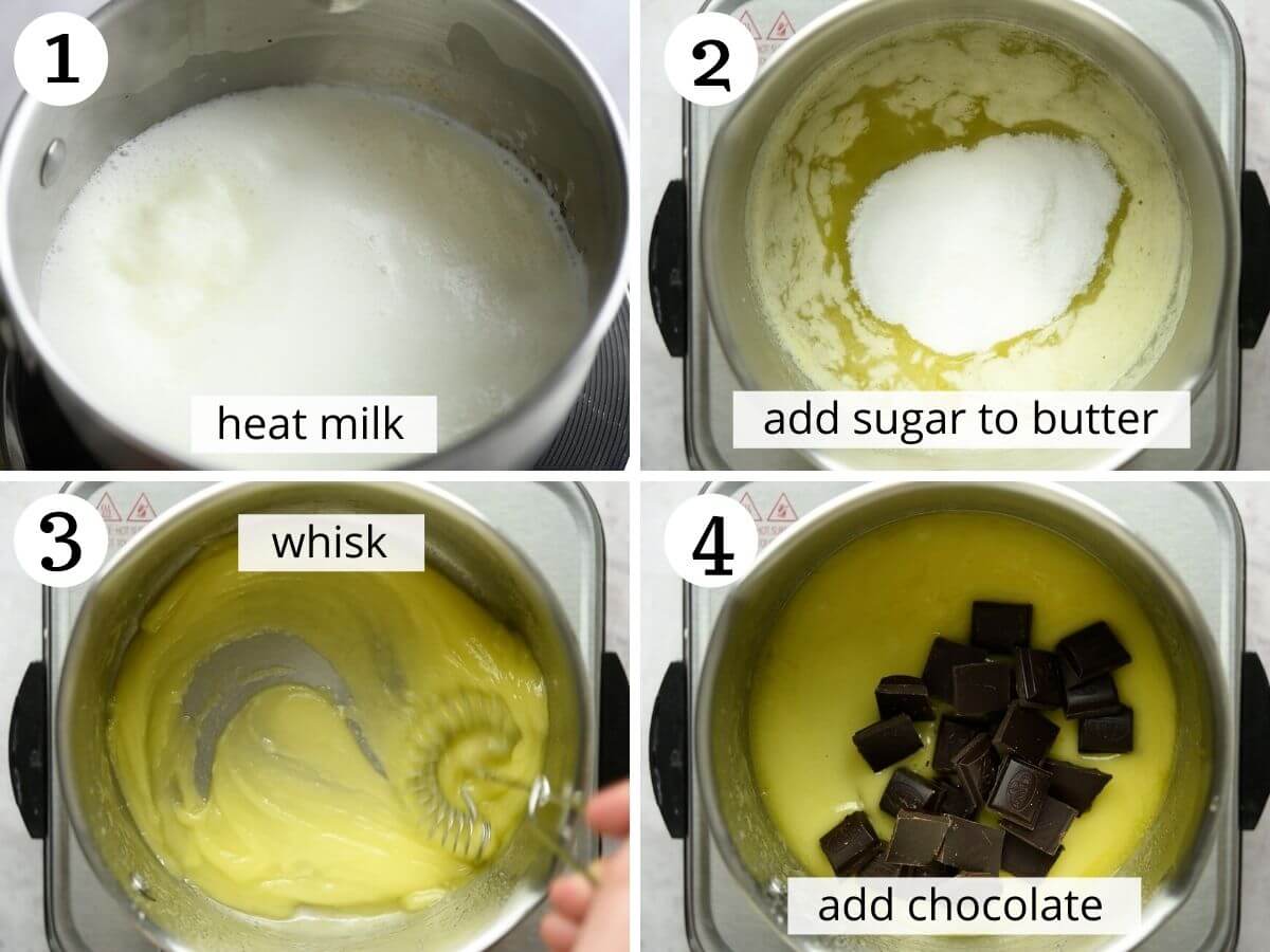 Step by step photos showing the first steps of making chocolate budino