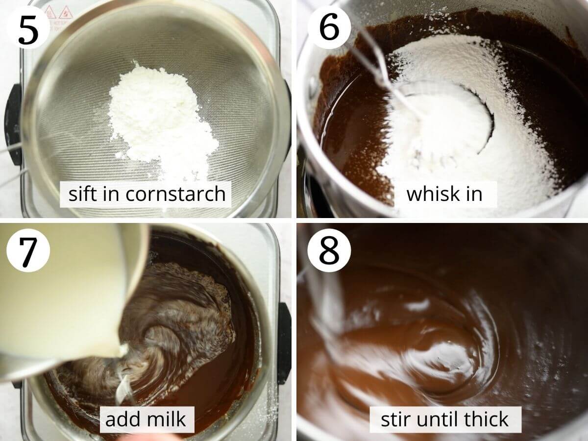 Step by step photos showing how to thicken chocolate budino
