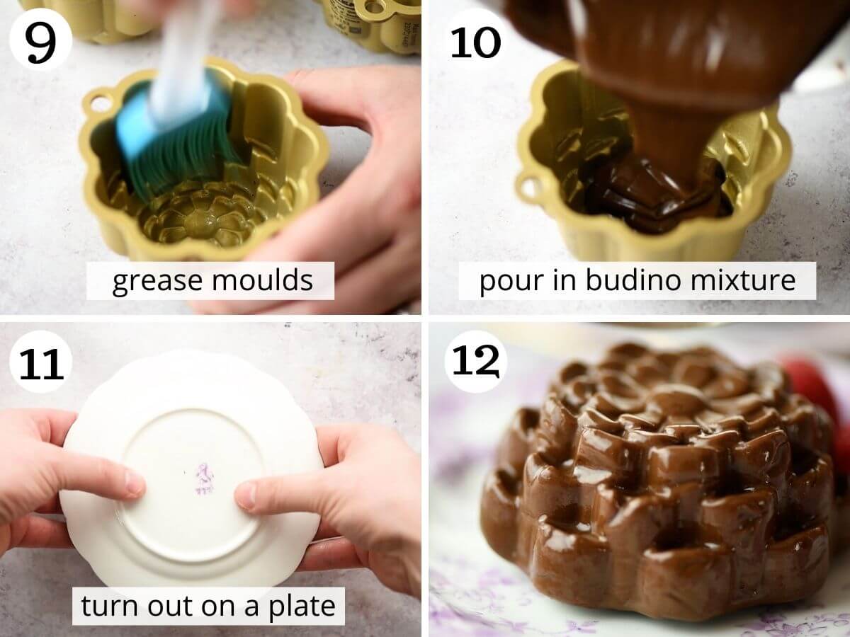 Step by step photos showing how to use a mould to shape budino