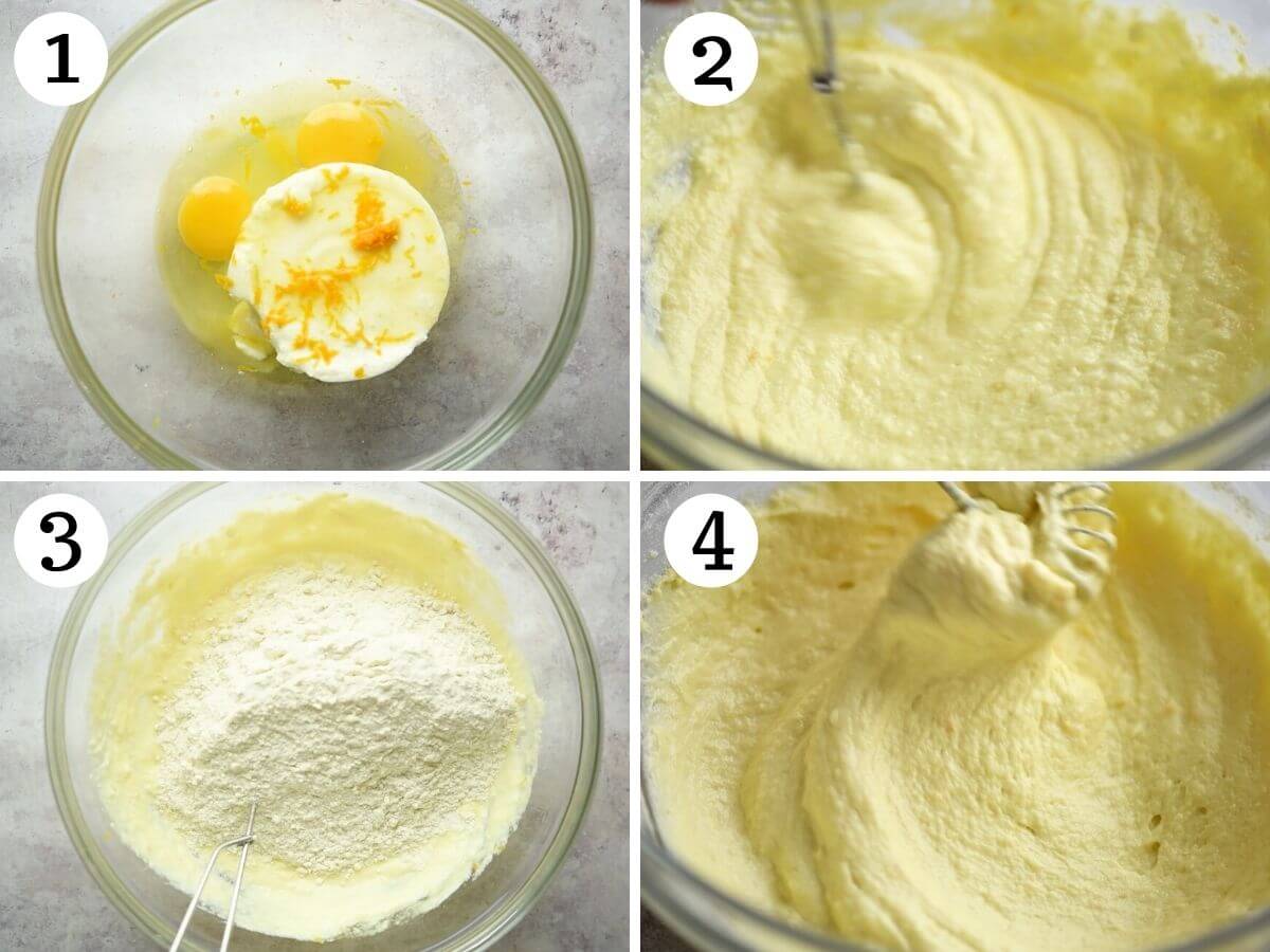 Four photos in a collage grid showing how to mix wet and dry ingredients together