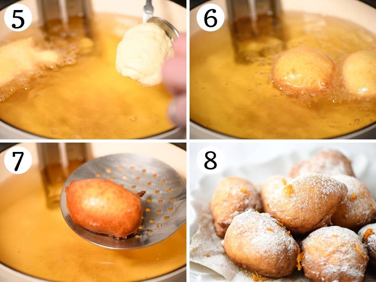 Four photos in a collage grid showing how to fry ricotta doughnuts