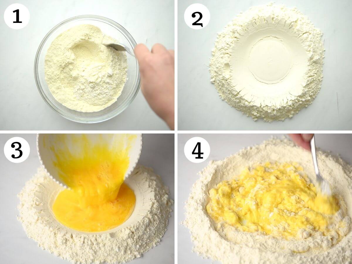 4 photos in a collage showing how to make pasta dough