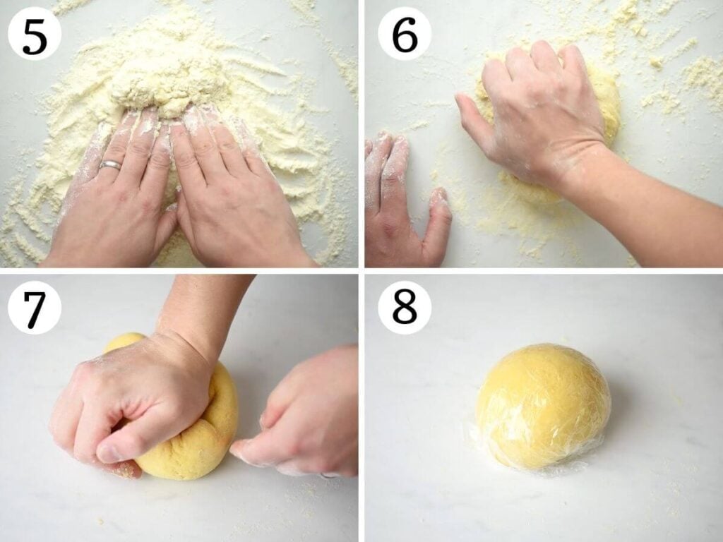 4 photos in a collage showing how to knead pasta dough