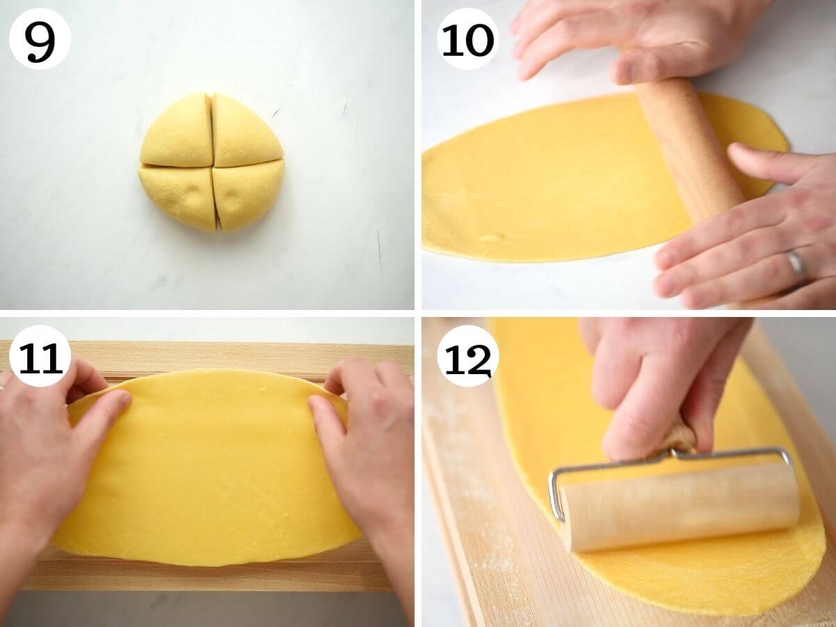 4 photos in a collage showing how to cut pasta dough on a chitarra pasta tool