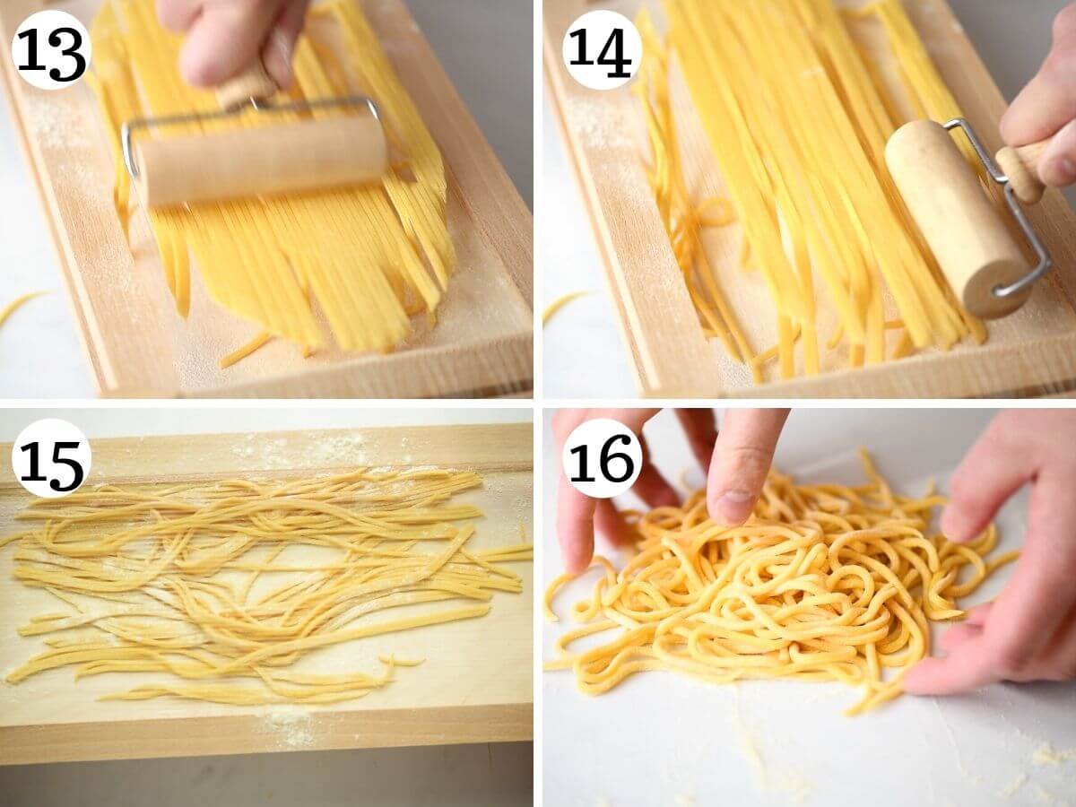 4 photos in a collage showing how to make tonnarelli