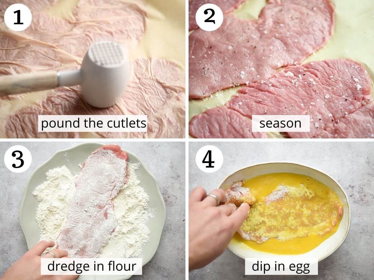 Step by step photos showing how to bread veal cutlets