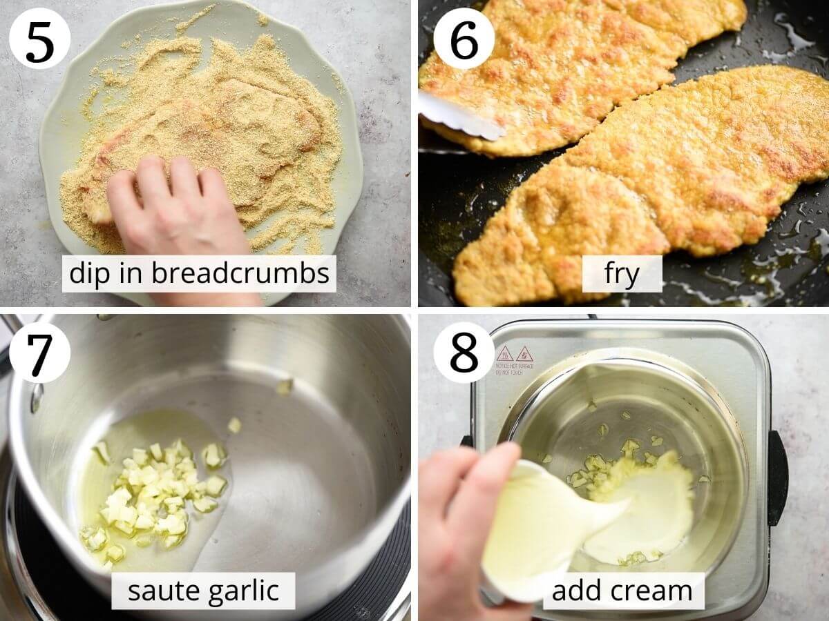 Step by step photos showing how to make parmesan cream sauce and fry veal cutlets