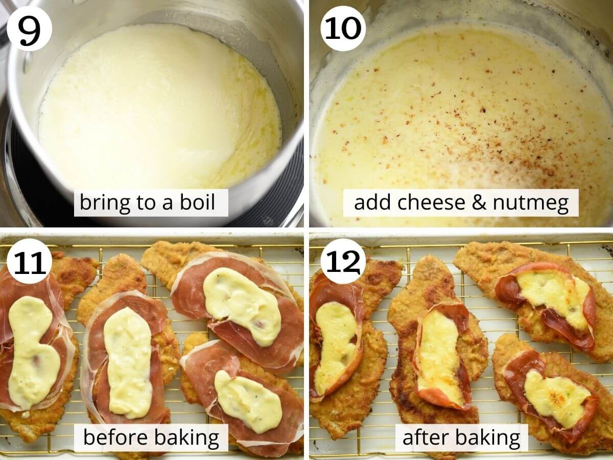 Step by step photos showing the veal cutlets before and after baking