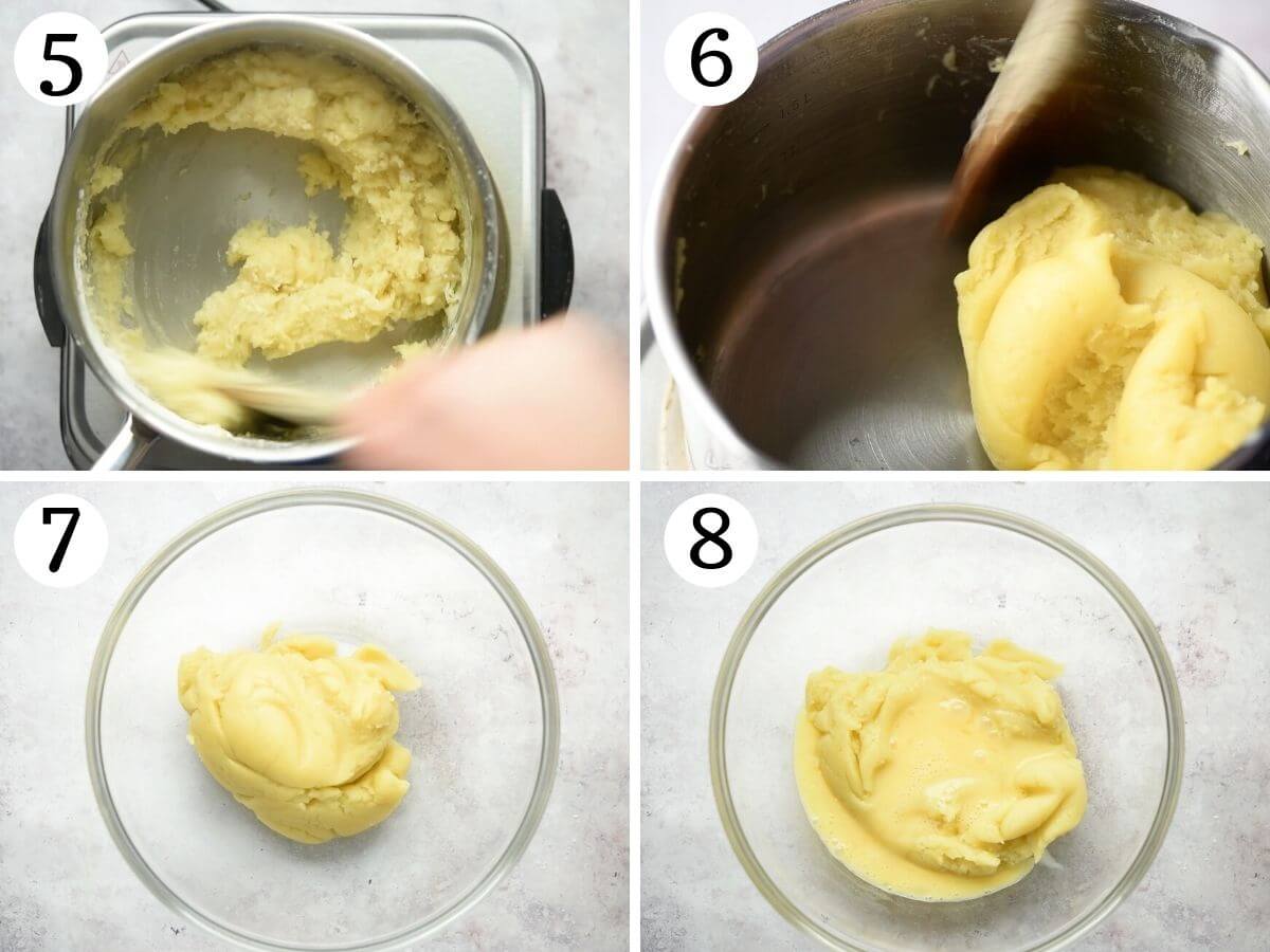 Four grid collage photos showing choux pastry being made