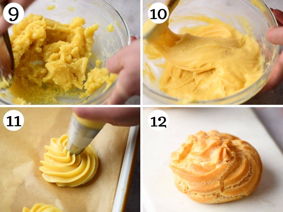 Step by step photos showing how to pipe zeppole and what they look like baked