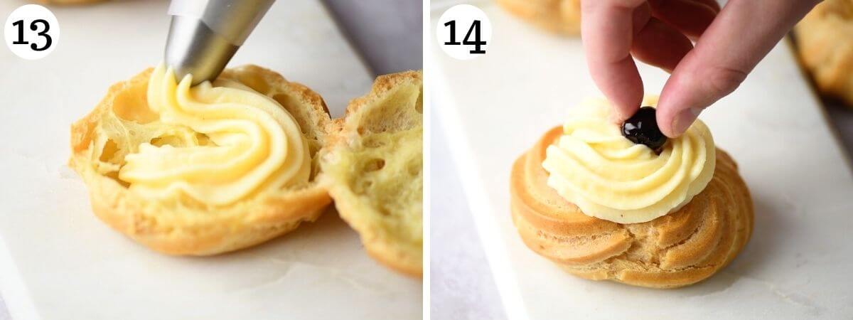 Two photos showing how to fill zeppole with pastry cream and top with a cherry