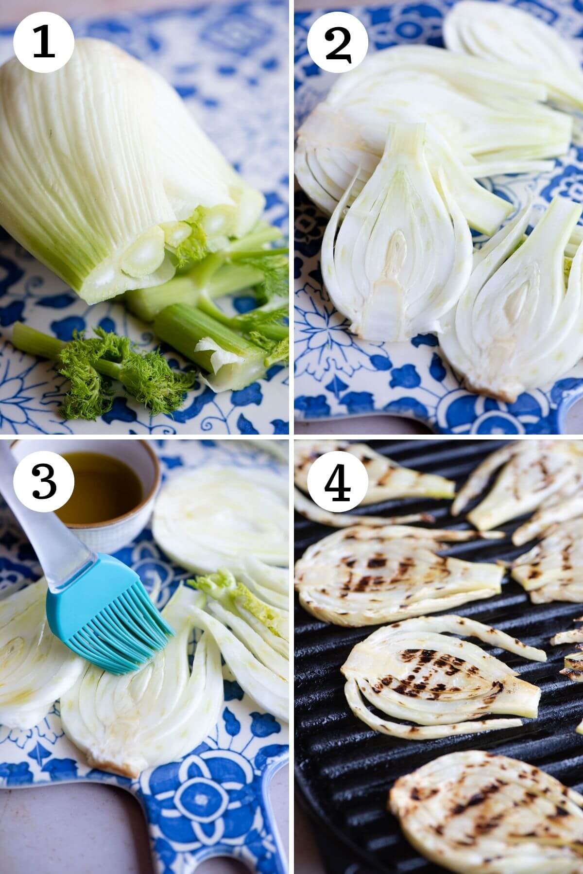 Four photos in a collage showing how to make grilled fennel