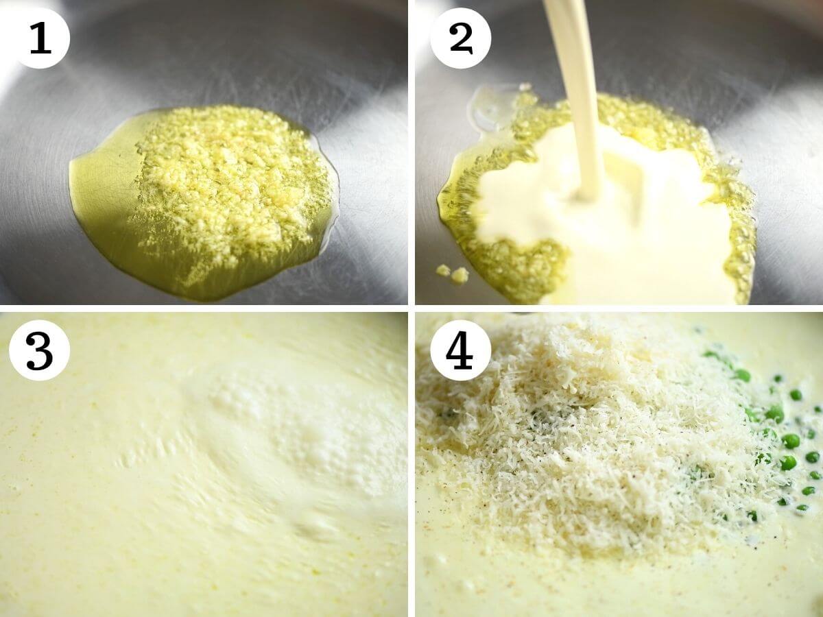 Four photos in a collage showing how to make a garlic cream sauce with parmesan and peas