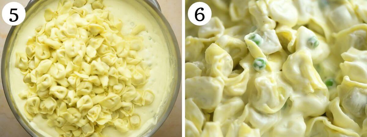 Two photos in a collage showing tortellini in a cream sauce getting mixed together