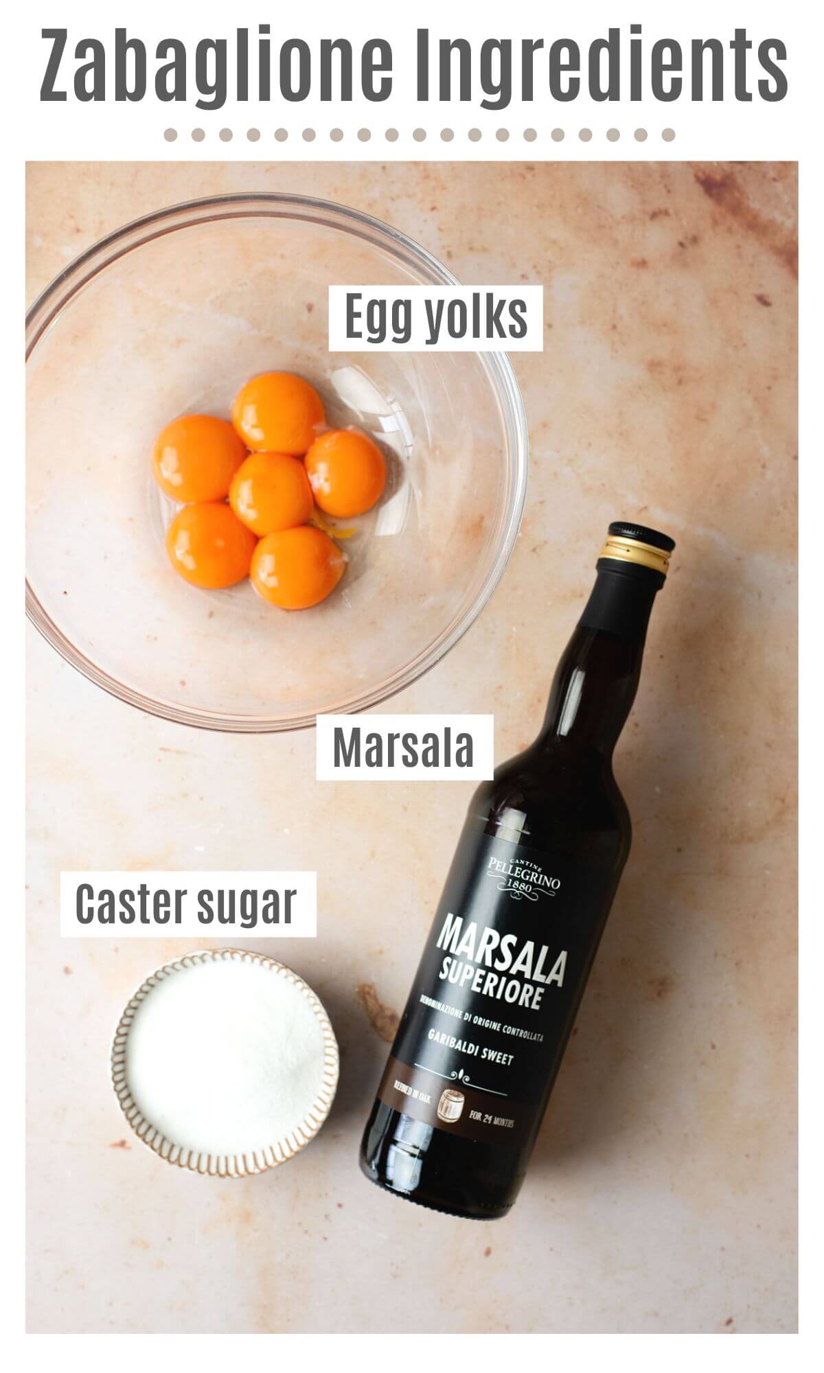 An overhead shot of ingredients labelled; egg yolks, Marsala, caster sugar.