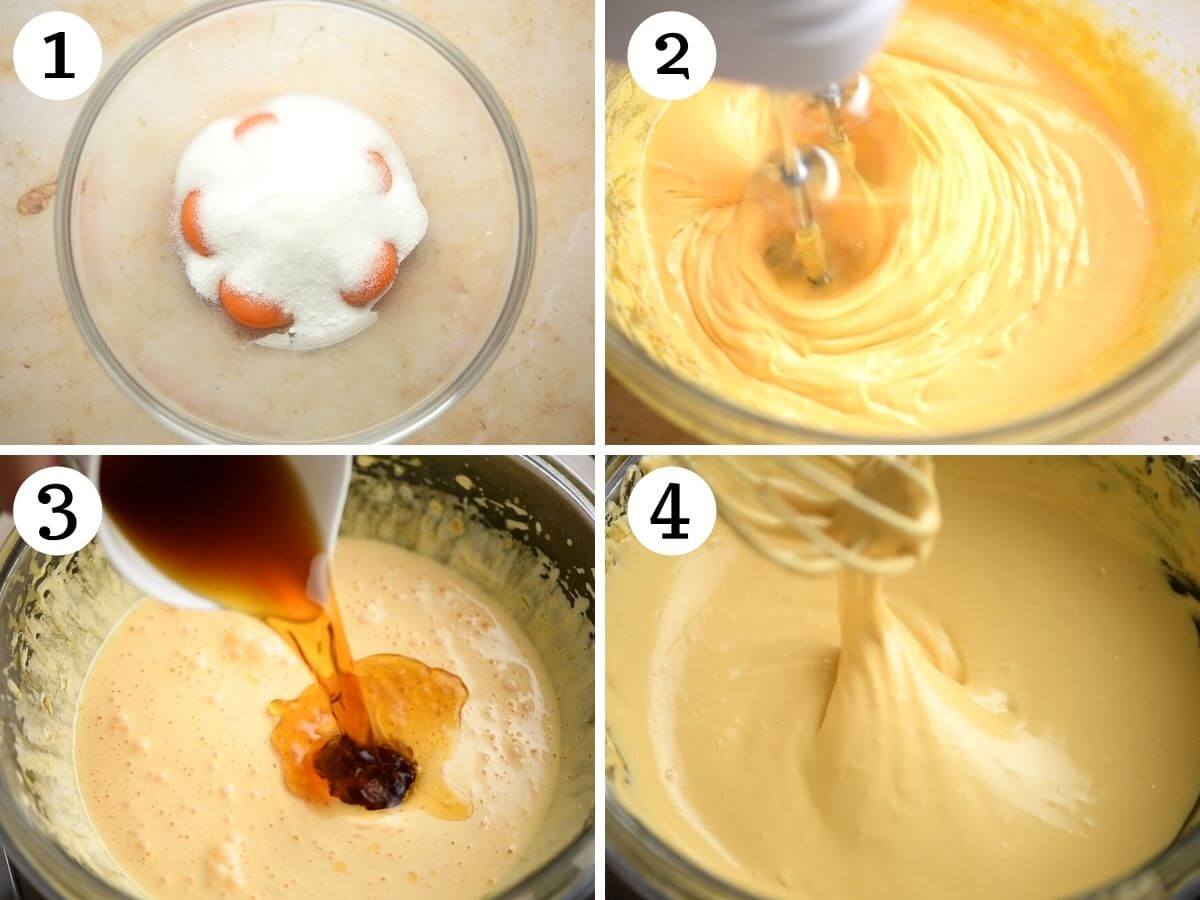 Four photos in a collage showing you how to make zabaglione from scratch