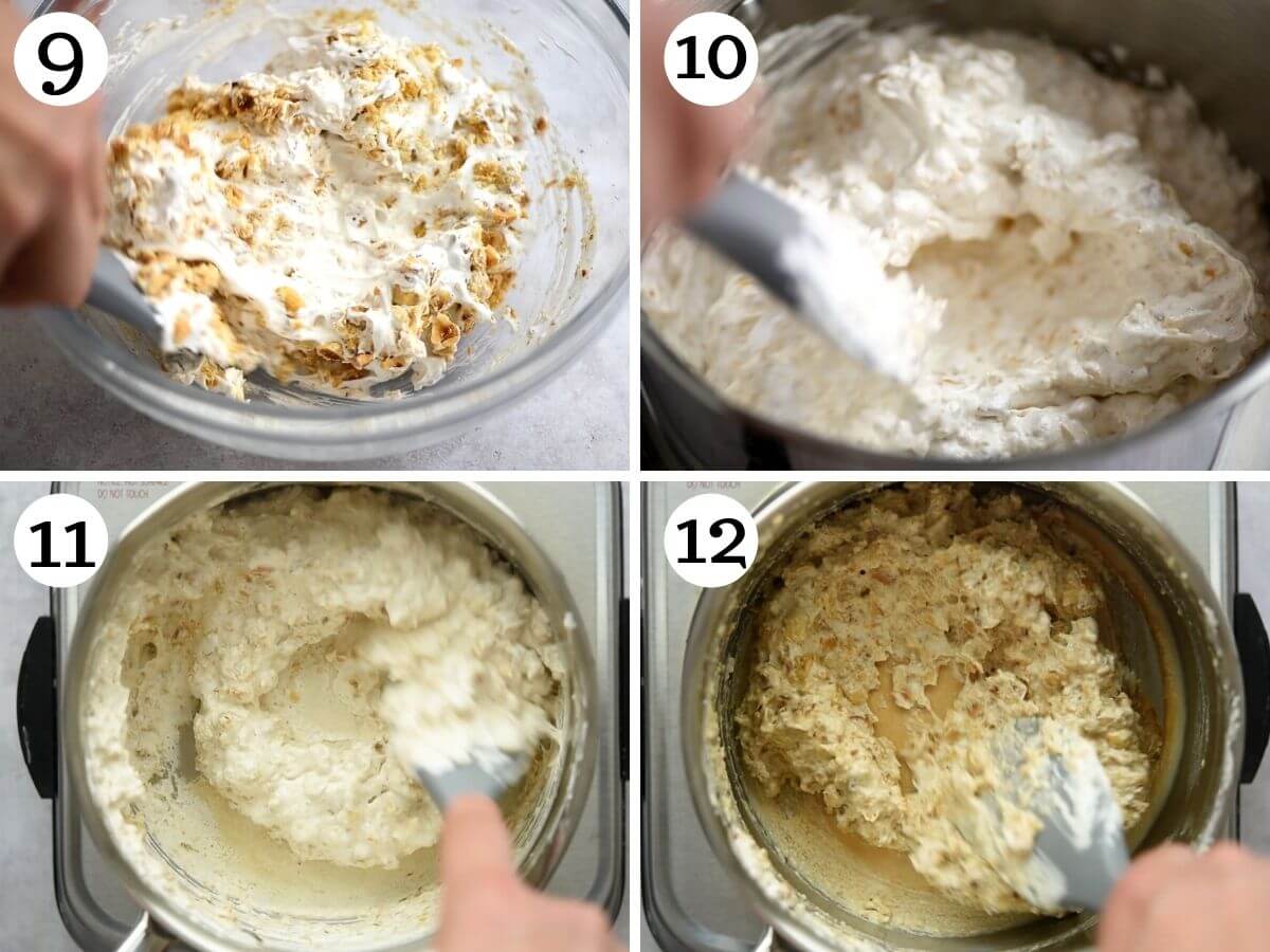 Four photos in a collage showing how to heat a hazelnut meringue mixture to make Brutti ma Buoni cookies