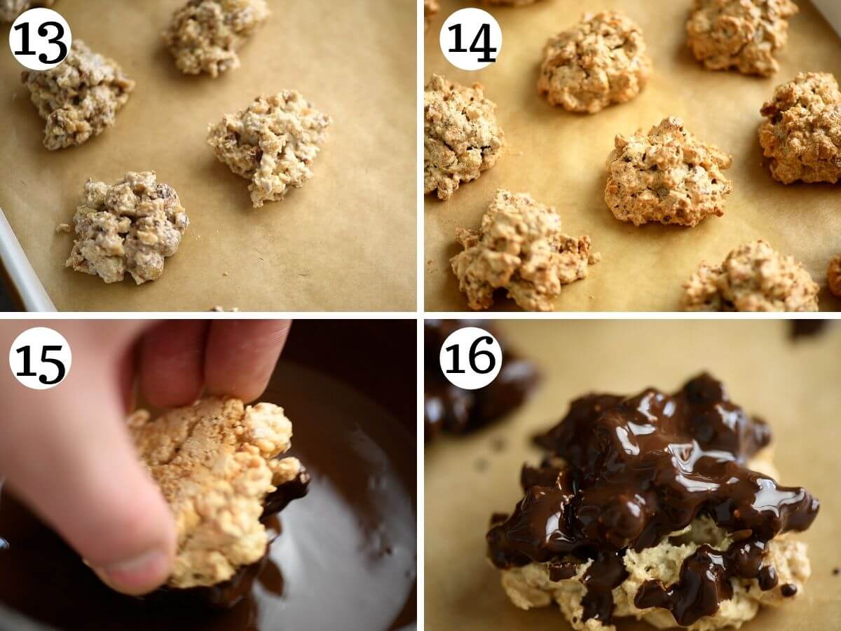 Four photos in a collage showing how to bake brutti ma Buoni cookies and dip them in chocolate