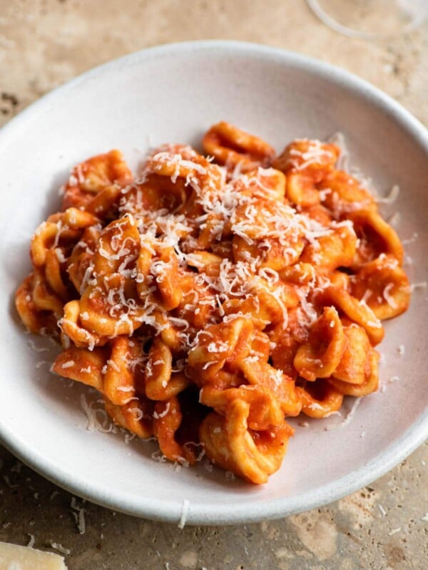 Orecchiette pasta with a creamy tomato sauce in a rustic ceramic bowl topped with cheese