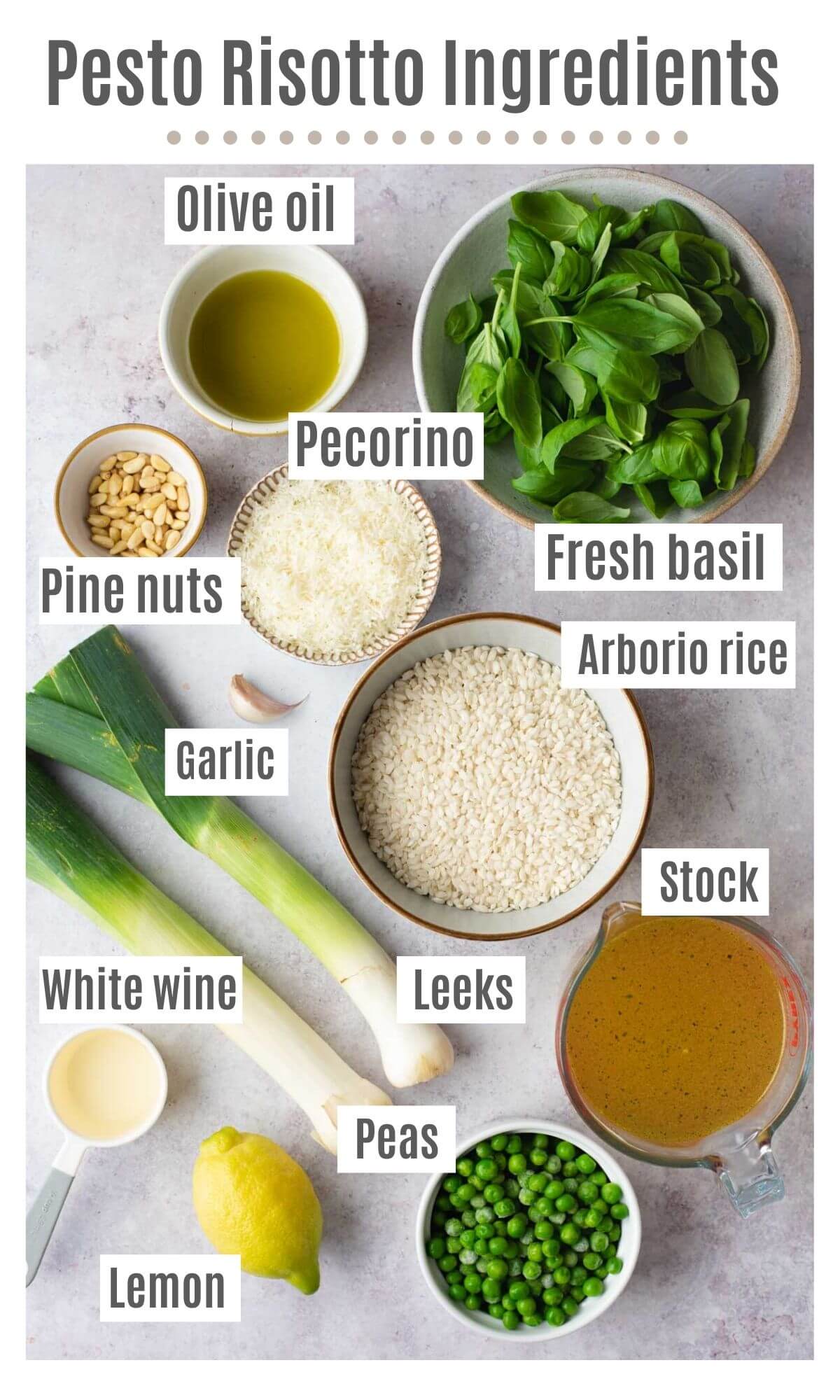 An overhead shot of all the ingredients you need to make a risotto with peas, pesto and leeks