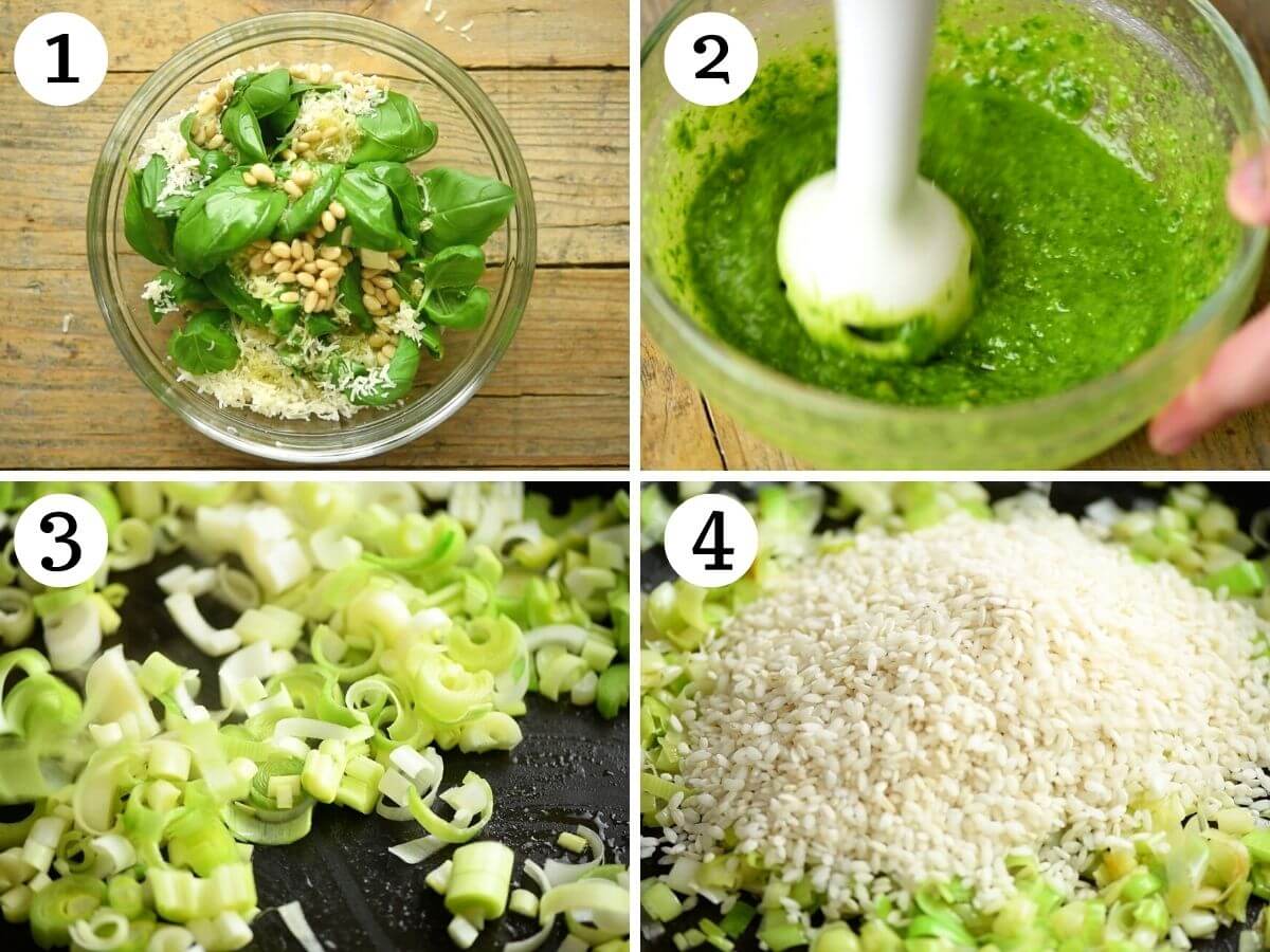 Four photos in a collage showing how to make pesto, saute leeks and add risotto rice to a pan
